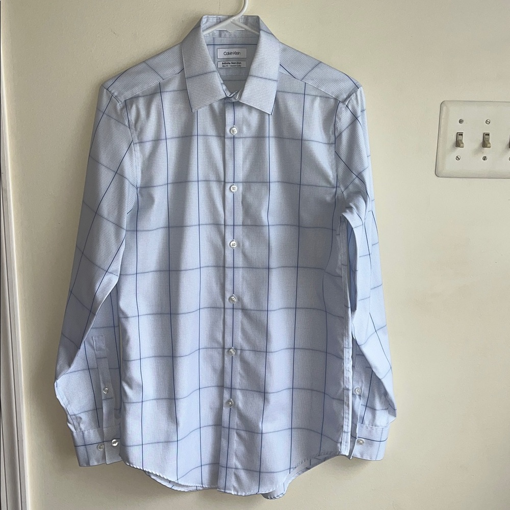 Calvin Klein Men's White and Blue Grid Shirt